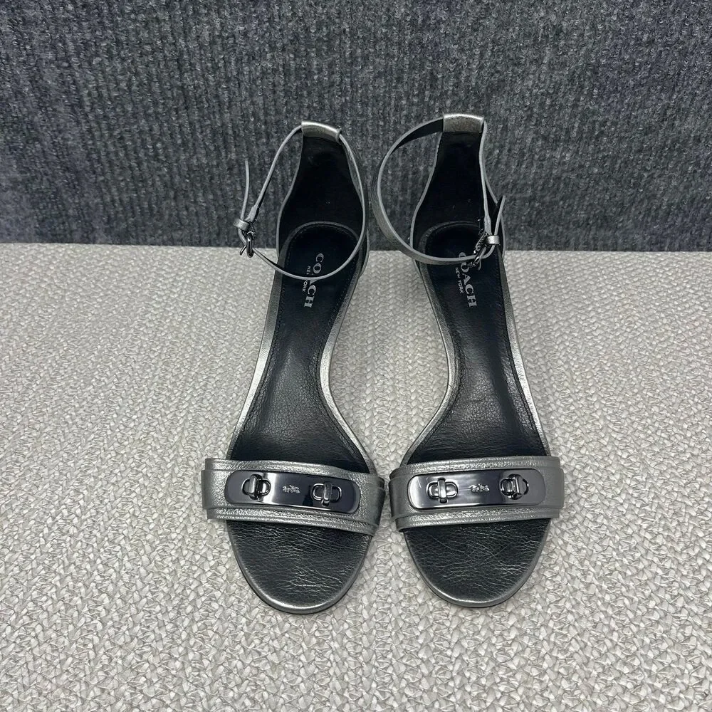 Coach Marcella Ankle Wrap Kitten Heel Silver Leather Italian Women’s 6.5 B